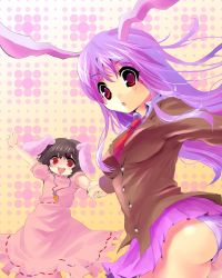 Rule 34 | 2girls, :d, :o, animal ears, ass, bad id, bad pixiv id, brown hair, carrot, female focus, happy, holding hands, inaba tewi, jewelry, kobanzame, long hair, multiple girls, necktie, open mouth, panties, pendant, purple hair, purple panties, rabbit ears, red eyes, red necktie, reisen udongein inaba, short hair, skirt, smile, touhou, underwear
