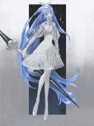Rule 34 | 1other, ascot, blue eyes, blue hair, bow, collared dress, colored skin, commentary request, crystal hair, dress, eyes visible through hair, floating, floating hair, full body, gradient background, grey background, gyakumushi, hair bow, hair over one eye, highres, holding, holding weapon, houseki no kuni, juliet sleeves, long hair, long sleeves, looking away, moon uniform (houseki no kuni), original, other focus, pantyhose, parted lips, puff and slash sleeves, puffy sleeves, see-through, shoes, sideways glance, solo, translucent hair, very long hair, weapon, white ascot, white background, white bow, white dress, white footwear, white pantyhose, white skin