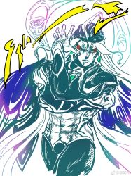 Rule 34 | 1other, abs, absurdres, androgynous, battle tendency, chinese commentary, closed mouth, fate/grand order, fate (series), highres, jojo no kimyou na bouken, jojo pose, kars (jojo), makeup, muscular, muscular male, shi huang di (fate), sketch, solo, text focus, white background, wings, yuan jessie0430