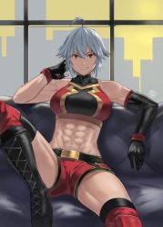 Rule 34 | 1girl, abs, ahoge, asymmetrical gloves, boots, breasts, city, couch, cross-laced footwear, dana zane, gloves, grin, highres, hunyan, lace-up boots, looking at viewer, muscular, muscular female, red eyes, short hair, sitting, smile, solo, thighs, toned, uneven gloves, va-11 hall-a, white hair, window, wrestling outfit