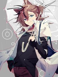 Rule 34 | 5227598151, arknights, bag, black shirt, blue eyes, brown hair, brown pants, closed mouth, commentary request, grey background, hair between eyes, highres, holding, holding umbrella, jacket, layered sleeves, long sleeves, looking at viewer, one side up, open clothes, open jacket, pants, rain, shirt, short over long sleeves, short sleeves, simple background, sleeves past wrists, smile, stainless (arknights), umbrella, white jacket, white umbrella