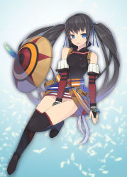 Rule 34 | 1girl, armor, bare shoulders, between thighs, black hair, blue eyes, boots, bridal gauntlets, capcom, detached sleeves, covered erect nipples, feathers, groin, hair ribbon, hat, highres, long hair, monster hunter (series), monster hunter portable 3rd, munashi mujou, no panties, ribbon, solo, thigh boots, thighhighs, thighs, twintails, very long hair, yukumo (armor)