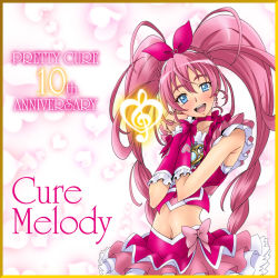 Rule 34 | 10s, 1girl, anniversary, blue eyes, bow, character name, choker, cure melody, eunos, houjou hibiki, long hair, looking at viewer, magical girl, midriff, own hands clasped, own hands together, pink bow, pink hair, precure, skirt, solo, suite precure, thighhighs, twintails