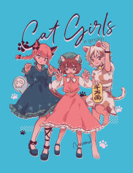Rule 34 | 3girls, :3, animal ear fluff, animal ears, barefoot, bell, black bow, black footwear, black ribbon, blue background, blush, bow, braid, brown eyes, brown hair, calico, cat ears, chen, choker, claw pose, clenched hand, clenched hands, coin, dotted background, dress, earrings, english text, extra ears, floating skull, floral print, ghost, gold coin, goutokuji mike, green dress, green headwear, highres, hitodama, jewelry, kaenbyou rin, leg ribbon, mary janes, multicolored hair, multiple girls, neck bell, open mouth, patch, patchwork clothes, paw pose, paw print, puffy short sleeves, puffy sleeves, red dress, red eyes, red hair, ribbon, shoes, short hair, short sleeves, signature, simple background, single earring, skull, smile, touhou, towne, twin braids, white bow