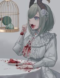 Rule 34 | 1girl, birdcage, blood, blood on clothes, blood on face, blue eyes, bob cut, bow, bowtie, breasts, brown horns, cage, cannibalism, center frills, commentary request, cowboy shot, curled horns, demon girl, demon horns, dress, eating, eyepatch, flower, fork, frilled dress, frilled sleeves, frills, futayamam2, grey background, guro, hair flower, hair ornament, heart, heart (organ), highres, holding, holding fork, horns, large breasts, lolita fashion, medium bangs, nanashi inc., open mouth, pointy ears, rose, sekishiro mico, short hair, solo, table, tablecloth, virtual youtuber, white bow, white bowtie, white dress, white flower, white rose