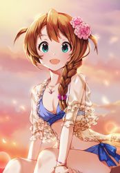 Rule 34 | :d, aqua eyes, baba konomi, bare arms, bare legs, bikini, bracelet, braid, breasts, brown hair, commentary request, evening, flower, flower request, hair flower, hair ornament, highres, idolmaster, idolmaster million live!, jewelry, korean commentary, looking at viewer, midriff, navel, open mouth, outdoors, pendant, pink flower, pinkiepies2, see-through, single braid, sitting, sky, small breasts, smile, solo, swimsuit