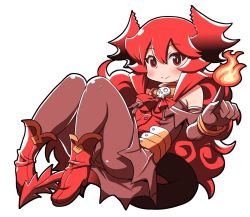 Rule 34 | 1girl, ankle boots, bad id, bad tumblr id, boots, bracelet, demon girl, demon horns, demon tail, elbow gloves, fire, flat chest, gloves, horns, jewelry, long hair, magic, maou beluzel, matsuda yuusuke, original, pantyhose, reclining, red eyes, red hair, smile, solo, tail, yuusha to maou