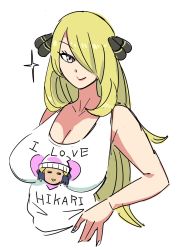 Rule 34 | 1girl, alternate breast size, blonde hair, blue hair, breasts, creatures (company), cynthia (pokemon), dawn (pokemon), english text, female focus, game freak, hair ornament, hand on own hip, headwear request, heart, highres, kanden-ki, large breasts, lips, long hair, nintendo, pokemon, pokemon (creature), pokemon dppt, shirt, simple background, t-shirt, upper body, white background