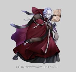 Rule 34 | 1boy, balding, black eyes, company name, fire emblem, fire emblem: three houses, fire emblem heroes, full body, gloves, holding, holding weapon, looking at viewer, majiji, male focus, nintendo, official art, robe, solo, solon (fire emblem), weapon, white hair