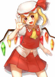 Rule 34 | 1girl, :d, bad id, bad nicoseiga id, blonde hair, embodiment of scarlet devil, fang, female focus, flandre scarlet, navel, open mouth, outstretched hand, red eyes, short hair, side ponytail, simple background, smile, solo, sugimeno, touhou, wings