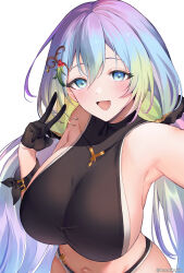 Rule 34 | 1girl, absurdres, armpits, artist name, bikini, black bikini, black bikini bottom, black gloves, blue eyes, blush, breasts, cupitan (granblue fantasy), cupitan (summer) (granblue fantasy), gloves, gradient hair, granblue fantasy, hair between eyes, hair ornament, highres, huge breasts, large breasts, long hair, looking at viewer, low twintails, multicolored hair, navel, open mouth, rainbow hair, selfie, sideboob, simple background, smile, solo, swimsuit, twintails, v, very long hair, white background, yuntae