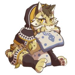 Rule 34 | 1boy, animal ears, biting, body pillow, curb-chain, furry, furry male, highres, hood, hoodie, hugging object, leopard boy, leopard ears, likulau (nekojishi), looking at viewer, nekojishi, pillow, pillow hug, simple background, tail, tail biting, tiger stripes, white background, yellow eyes