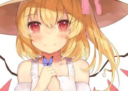 Rule 34 | 1girl, alternate costume, alternate headwear, bad id, bad twitter id, bare shoulders, blonde hair, blush, bug, butterfly, butterfly on hand, closed mouth, collarbone, commentary request, dress, eyes visible through hair, flandre scarlet, gem, hair ornament, hairclip, insect, looking at viewer, niseneko (mofumofu ga ienai), own hands together, pink ribbon, red eyes, ribbon, short hair, side ponytail, simple background, smile, solo, sundress, touhou, upper body, white background, white dress, wings