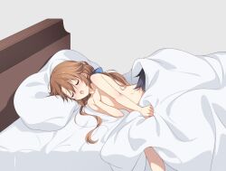 Rule 34 | 1boy, 1girl, :o, bed, blue bow, blue hair, blush, bow, brown hair, closed eyes, commentary, eiyuu densetsu, hair bow, hakuleg, implied cunnilingus, long hair, lying, nude, on side, pillow, rean schwarzer, sen no kiseki, simple background, symbol-only commentary, towa herschel, under covers
