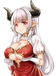 Rule 34 | 10s, 1girl, alicia (granblue fantasy), breasts, cleavage, cross, cross earrings, draph, earrings, covered erect nipples, gloves, granblue fantasy, heart, heart-shaped pupils, highres, horns, jewelry, large breasts, long hair, pointy ears, red eyes, silver hair, simple background, smile, solo, symbol-shaped pupils, unname, white background, white gloves