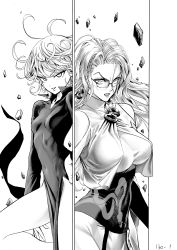 Rule 34 | 2girls, absurdres, angry, black dress, breasts, clenched teeth, commentary, confrontation, covered navel, dress, glasses, greyscale, highres, large breasts, long hair, monochrome, multiple girls, murata yuusuke, official art, one-punch man, psychos (one-punch man), rock, short hair, small breasts, smirk, snake print, tatsumaki, teeth, v-shaped eyebrows