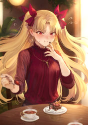 Rule 34 | 1girl, blonde hair, blush, bow, breasts, cake, chair, chocolate cake, closed mouth, commentary request, contemporary, cup, earrings, eating, ereshkigal (bitter sweet) (fate), ereshkigal (fate), fate/grand order, fate (series), flying sweatdrops, food, fork, fruit, hair bow, highres, hoop earrings, infinity symbol, jewelry, long hair, long sleeves, mashuu (neko no oyashiro), medium breasts, necklace, plate, red bow, red eyes, red sweater, sitting, skull, solo, spine, strawberry, sweater, table, tea, teacup, two side up, very long hair