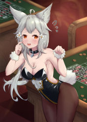 Rule 34 | 1girl, :d, ahoge, animal ear fluff, animal ears, bare shoulders, black collar, black leotard, blush, breasts, brown pantyhose, cleavage, collar, collarbone, commentary request, erune, fake animal ears, fang, flower, flying sweatdrops, granblue fantasy, hair flower, hair ornament, hands up, highres, indoors, leaning forward, leotard, long hair, medium breasts, open mouth, pantyhose, paw pose, playboy bunny, rabbit ears, rabbit girl, red eyes, roulette table, sen (granblue fantasy), silver hair, smile, solo, standing, strapless, strapless leotard, table, uneg, very long hair, white flower