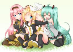 Rule 34 | 1boy, 3girls, ahoge, aqua eyes, bad id, bad pixiv id, blonde hair, blue eyes, boots, cheek poking, colorized, cross-laced footwear, closed eyes, green eyes, green hair, hair ribbon, hatsune miku, highres, hug, inaresi, kagamine len, kagamine rin, lace-up boots, long hair, megurine luka, multiple girls, necktie, one eye closed, open mouth, pink hair, poking, ribbon, shunkashuutou, sitting, skirt, smile, thigh boots, thighhighs, twintails, very long hair, vocaloid, wink