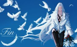 1boy absurdres almondtofu_boy alternate_costume bird black_pants blue_background blue_sky blue_theme bouquet chest_strap clear_sky closed_eyes collarbone commentary day dove english_commentary english_text falling_feathers feathers final_fantasy final_fantasy_vii flower flying grey_hair hand_in_pocket high_collar highres holding holding_bouquet jacket light_smile long_bangs long_hair male_focus outdoors pants parted_bangs partially_unbuttoned pectoral_cleavage pectorals red_ribbon ribbon sephiroth sky solo upper_body very_long_hair white_bird white_feathers white_flower white_jacket wide_sleeves wind