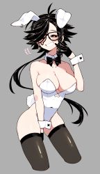 Rule 34 | 1girl, absurdres, ahoge, animal ears, black-framed eyewear, black bow, black bowtie, black eyes, black gloves, black hair, black thighhighs, blush, bow, bowtie, breast tattoo, breasts, cleavage, commentary, covered navel, crack, cracked glass, cropped legs, cross, cross earrings, detached collar, earrings, english commentary, floating hair, glasses, gloves, grey background, grin, hair over one eye, half gloves, highres, jewelry, large breasts, leotard, long hair, looking at viewer, messy hair, original, playboy bunny, ponytail, rabbit ears, sideboob, simple background, skindentation, smile, solo, strapless, strapless leotard, swept bangs, symbol-shaped pupils, tattoo, thighhighs, traditional bowtie, unexistarts, uni (unexistarts), white leotard, wing collar, wrist cuffs, x-shaped pupils