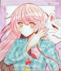 Rule 34 | 1girl, blouse, blush, closed mouth, commentary request, expressionless, fingernails, fox mask, hata no kokoro, long hair, long sleeves, looking at viewer, marker (medium), mask, photo (medium), pink eyes, pink hair, shirt, solo, string, string of fate, tanaji, touhou, traditional media, upper body