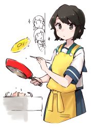 Rule 34 | 3girls, :q, absurdres, apron, black hair, chopsticks, closed mouth, cooking, frying pan, fubuki (kancolle), highres, holding, holding chopsticks, kantai collection, low twintails, ma rukan, miyuki (kancolle), multiple girls, peeking out, sailor collar, school uniform, serafuku, shirayuki (kancolle), short hair, short sleeves, short twintails, signature, simple background, sparkle, tongue, tongue out, twintails, white background, yellow apron