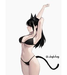 Rule 34 | 1girl, animal ears, armpits, arms up, artist name, bad id, bad instagram id, bikini, black bikini, black hair, breasts, cat ears, cat girl, cat tail, cleavage, closed mouth, collarbone, cowboy shot, dongho kang, extra ears, female focus, from side, highres, large breasts, long hair, looking at viewer, navel, original, simple background, solo, standing, stomach, swimsuit, tail, thighs, white background
