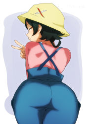 Rule 34 | 10s, 1boy, @@@, ass, ass focus, bad id, bad pixiv id, blush, from behind, green hair, gundam, gundam build fighters, hat, looking back, male focus, short hair, smile, solo, v, yasaka mao