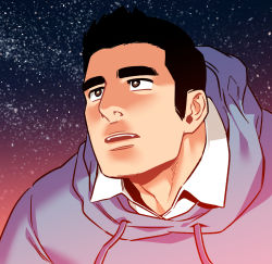 Rule 34 | 1boy, black hair, brown eyes, close-up, collared shirt, highres, hood, hoodie, kim nuruk, liebling, looking to the side, male focus, mature male, night, open mouth, shirt, short hair, sky, solo, star (sky), starry sky, taehoon park, teeth, thick eyebrows