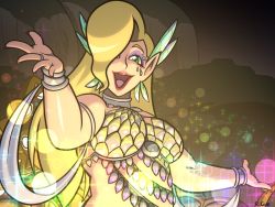 Rule 34 | 1girl, blonde hair, breasts, glowing, great fairy (zelda), great fairy cotera, green eyes, hair over one eye, large breasts, lipstick, looking at viewer, makeup, nail polish, nintendo, open mouth, plump, pointy ears, rcasedrawsstuff, red lips, smile, solo, sparkle, the legend of zelda, the legend of zelda: breath of the wild, upper body