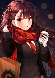 Rule 34 | 1girl, absurdres, bad id, bad pixiv id, bag, black cardigan, black coat, brown hair, brown skirt, cardigan, coat, cup, floating hair, girls&#039; frontline, gloves, highres, holding, huge filesize, lens flare, long hair, myowa, necktie, official alternate costume, open clothes, open coat, open mouth, paper bag, plaid, plaid skirt, print scarf, red eyes, red necktie, red scarf, scarf, skirt, snowflake print, solo, teacup, upper body, very long hair, wa2000 (date in the snow) (girls&#039; frontline), wa2000 (girls&#039; frontline), white gloves