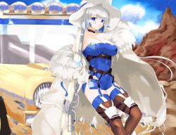 Rule 34 | 1girl, absurdres, alchemy stars, azure (alchemy stars), bare shoulders, belt, black belt, black choker, blue dress, blue eyes, blue hair, blue sky, blue thighhighs, boots, breasts, brown footwear, choker, cleavage, cloud, coat, commentary request, covered navel, day, dress, facial mark, feet out of frame, gun, highres, kijipe, large breasts, looking at viewer, mountain, multicolored hair, off shoulder, open clothes, open coat, outdoors, pencil dress, rifle, short hair, sky, solo, strapless, strapless dress, thigh boots, thighhighs, thighs, weapon, white coat, white hair, white headwear