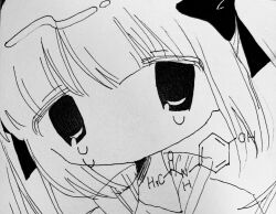 Rule 34 | 1girl, chemical structure, close-up, crying, crying with eyes open, greyscale, hair ribbon, highres, looking at viewer, monochrome, no mouth, no nose, original, paracetamol, portrait, ribbon, solanax (10 slnx), solo, tears, traditional media, twintails