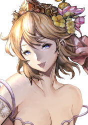 Rule 34 | 1girl, bare shoulders, blonde hair, blue eyes, breasts, cleavage, commentary request, europa (granblue fantasy), flower, granblue fantasy, hair between eyes, hair flower, hair ornament, highres, large breasts, looking at viewer, open mouth, shimashima (simasima 23), short hair, smile, solo, tiara