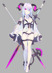 Rule 34 | 1girl, arms at sides, babydoll, breasts, cape, cleavage, closed mouth, curled horns, enkyo yuuichirou, full body, gloves, grey background, halberd, highres, horns, legs together, long sword, looking at viewer, medium breasts, navel, original, panties, pink eyes, pink hair, polearm, simple background, solo, standing, sword, thighhighs, underwear, weapon, white cape, white gloves, white panties, white thighhighs