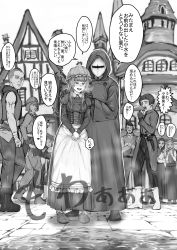 Rule 34 | 4girls, 5boys, absurdres, apron, blush, breasts, breath, capelet, closed mouth, collarbone, crossed arms, dodomesu, dress, facial hair, full body, gloves, greyscale, half-closed eyes, hand up, hands on another&#039;s shoulders, hands together, hands up, happy, hat, heart, helmet, highres, hood, japanese text, juliet sleeves, long hair, long sleeves, looking at another, mask, mob cap, monochrome, multiple boys, multiple girls, nose blush, open mouth, original, outdoors, outline, pants, puddle, puffy sleeves, shirt, shoes, skirt, small breasts, smile, speech bubble, spoken heart, standing, steam, surprised, sweat, talking, teeth, text focus, translation request, vest, white outline