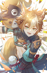 Rule 34 | 1boy, absurdres, allenerie, animal ears, aqua eyes, black gloves, brown hair, commentary, dog ears, dog tail, fangs, genshin impact, gloves, gorou (genshin impact), highres, japanese clothes, looking at viewer, male focus, midriff, open mouth, short hair, smile, solo, tail
