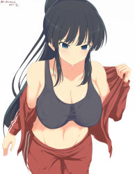 Rule 34 | 10s, 1girl, :/, absurdres, alternate hairstyle, bad id, bad pixiv id, bare shoulders, black hair, blue eyes, blush, breasts, cleavage, closed mouth, collarbone, cowboy shot, from above, furiruno, groin, highres, ikaruga (senran kagura), jacket, large breasts, long hair, looking at viewer, navel, open clothes, open jacket, pants, ponytail, senran kagura, sidelocks, solo, sports bra, stomach, sweat, track jacket, track pants, track suit, undressing