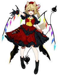 Rule 34 | 1girl, :d, absurdres, alternate costume, arm up, ascot, black choker, black footwear, black gloves, blonde hair, blush, boots, choker, crystal, daimaou ruaeru, dress, flandre scarlet, full body, gloves, hair ribbon, hat, highres, holding, laevatein, looking at viewer, mob cap, one side up, open mouth, petticoat, red dress, red eyes, red hat, red ribbon, ribbon, short hair, short sleeves, simple background, smile, solo, standing, touhou, white background, wings, yellow ascot