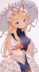 Rule 34 | 1girl, absurdres, blonde hair, closed mouth, comkdom, commentary request, dress, flame print, frilled sleeves, frills, hair ribbon, hat, hat ribbon, highres, holding, holding umbrella, light smile, long hair, long sleeves, mob cap, purple eyes, red ribbon, ribbon, ribbon-trimmed umbrella, simple background, smile, solo, tabard, touhou, tress ribbon, umbrella, white background, white dress, white hat, wide sleeves, yakumo yukari
