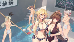 Rule 34 | 5girls, ahoge, amatsukaze (kancolle), anger vein, animal ears, arm behind head, artist name, bandaid, bandaids on nipples, bikini, blonde hair, blue eyes, breasts, brown hair, cleavage, commentary, covered erect nipples, dated, enemy lifebuoy (kancolle), fake animal ears, fundoshi, grey hair, headgear, highres, himeyamato, holding, holding stick, iowa (kancolle), japanese clothes, kantai collection, large breasts, loincloth, multiple girls, partially submerged, pasties, red eyes, shimakaze (kancolle), side-tie bottom, small breasts, stairs, star-shaped pupils, star (symbol), stick, striped bikini, striped clothes, swimsuit, symbol-only commentary, symbol-shaped pupils, topless, translation request, two side up, white loincloth, yamato (kancolle), yukikaze (kancolle)