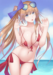 Rule 34 | 1girl, :o, absurdres, bad hands, bad id, bad pixiv id, bikini, blonde hair, blue bow, blue eyes, blue sky, bow, breasts, character request, check character, cleavage, cloud, day, eyewear on head, fal (fal&#039;s summer) (girls&#039; frontline), fal (girls&#039; frontline), girls&#039; frontline, hands up, highres, large breasts, navel, ocean, outdoors, red bikini, rinmmo, sky, standing, swimsuit, thighs, wet