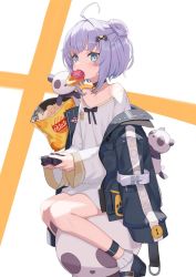 Rule 34 | 1girl, anklet, black choker, black footwear, blue eyes, blue jacket, blush, chips (food), choker, collarbone, controller hair ornament, double bun, doughnut, eating, flat chest, food, from side, hair bun, highres, indie virtual youtuber, jacket, jacket on shoulders, jewelry, looking at viewer, off-shoulder shirt, off shoulder, potato chips, purple hair, shindou kamichi, shirt, shizukou, short hair, sitting, solo, virtual youtuber, white shirt