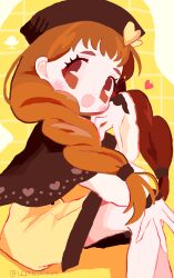 Rule 34 | 1girl, :d, absurdres, arisugawa himari, beret, blush, braid, brown capelet, brown eyes, brown hair, brown hat, capelet, commentary request, dress, hair over shoulder, hand on own face, hand up, hat, highres, kirakira precure a la mode, long hair, long sleeves, looking at viewer, noniha, open mouth, precure, single braid, sitting, smile, solo, twitter username, yellow background, yellow dress