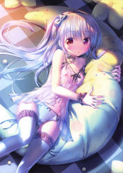 Rule 34 | 1girl, absurdres, babydoll, bare shoulders, blue panties, breasts, checkered floor, crescent, floor, frilled thighhighs, frills, highres, light purple hair, long hair, lying, nipples, hugging object, one side up, open mouth, panties, red eyes, scan, see-through, small breasts, solo, strap slip, takoyaki (roast), tears, thighhighs, underwear, white thighhighs, wrist cuffs