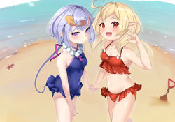 Rule 34 | 2girls, absurdres, bare shoulders, beach, bead necklace, beads, bikini, blonde hair, blush, breasts, covered navel, frilled bikini, frilled swimsuit, frills, genshin impact, half-closed eyes, holding hands, highres, jewelry, klee (genshin impact), looking at viewer, multiple girls, navel, necklace, ocean, one-piece swimsuit, open mouth, pointy ears, ponytail, purple hair, purple one-piece swimsuit, qiqi (genshin impact), red bikini, red eyes, small breasts, smile, somray, swimsuit, twintails, v