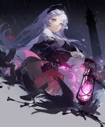 Rule 34 | 1girl, absurdres, arknights, bird, black gloves, black jacket, blue eyes, capelet, closed mouth, cropped torso, earrings, gloves, grey hair, gun, head wings, highres, holding, holding lantern, irene (arknights), jacket, jewelry, lantern, lighthouse, long hair, long sleeves, looking at viewer, outdoors, puffy long sleeves, puffy sleeves, rain, red skirt, scar, scar across eye, scar on face, skirt, solo, upper body, very long hair, water, weapon, white capelet, wings, yuanyi163