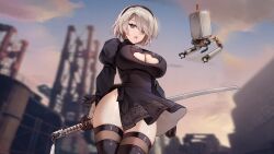 Rule 34 | 1girl, absurdres, black dress, black gloves, black hairband, breasts, cleavage, cleavage cutout, clothing cutout, dress, foxyreine, gloves, hairband, highres, holding, holding sword, holding weapon, large breasts, leotard, long sleeves, mole, mole under mouth, nier:automata, nier (series), puffy sleeves, short hair, solo, sword, thighhighs, weapon, white hair, 2b (nier:automata)
