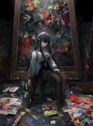 Rule 34 | 1girl, asano (kazusasn), barefoot, black hair, blue hair, canvas (object), colored inner hair, expressionless, grey eyes, hair between eyes, highres, long hair, looking at viewer, multicolored hair, original, paint on clothes, paint splatter, paintbrush, picture frame, see-through, see-through skirt, shirt, sitting, skirt, solo, white shirt